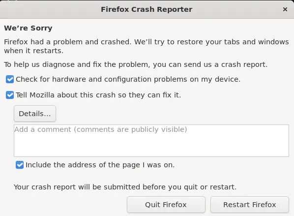 Firefox ESR crash dialogue shown after the oversized URL navigation.