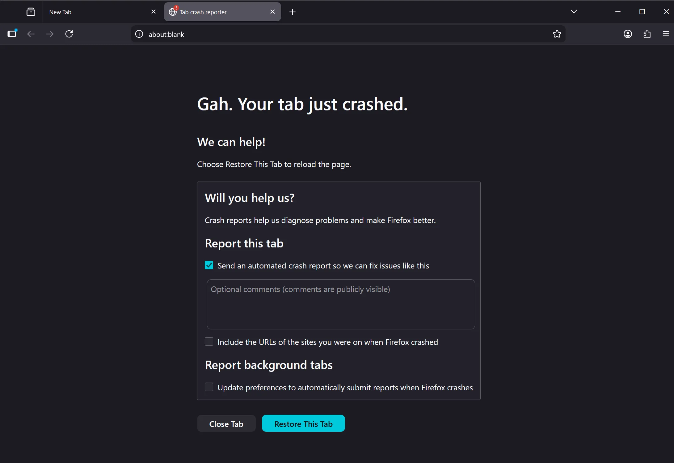 Firefox tab crash reporter in the window spawned by window.open().