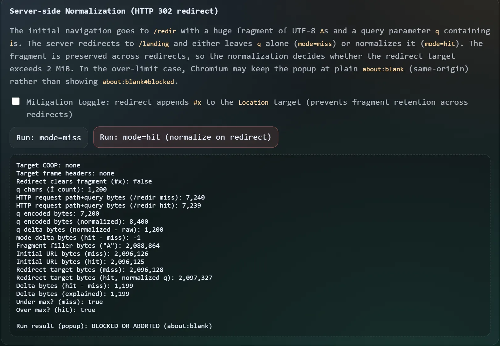 Server-side proof of concept running with mode=hit, showing the popup's final location as about.