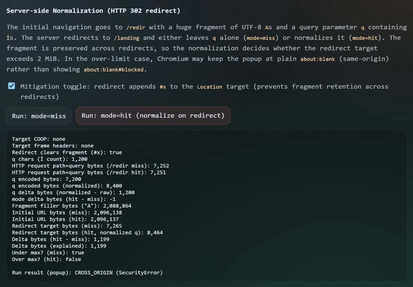 Server-side proof of concept with the mitigation applied, appending '#x' to the Location target.